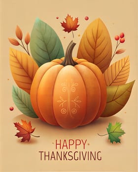Happy Thanksgiving card or poster with autumn leaves and pumpkin. Ai generated image