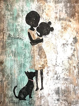 Two young girls are embracing in a loving hug on a textured artistic background, with the family dog patiently sitting and waiting nearby