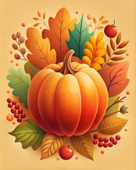 Happy Thanksgiving card or poster with autumn leaves and pumpkin. Ai generated image