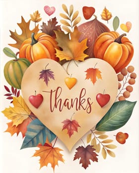 Happy Thanksgiving day card or poster with heart, autumn leaves, pumpkins and lettering Thanks. Ai generated image
