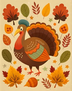 Happy Thanksgiving Day Illustration with Turkey Bird, Pumpkins and Leaves Flat Cartoon Illustration for poster or card. Ai generated