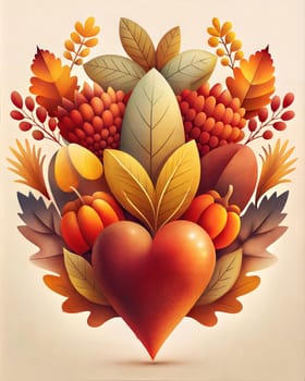 Happy Thanksgiving day or Happy Autumn card or poster with autumn leaves and harvest in the shape of a heart. Happy fall. Ai generated image