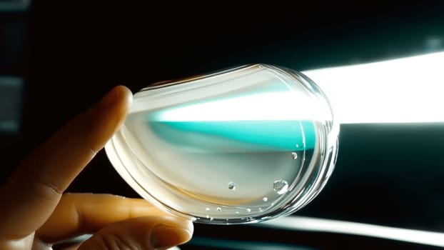 Scientist carefully holds a vibrant blue culture in a petri dish, illuminated from behind in a dark lab, showcasing the world of biology