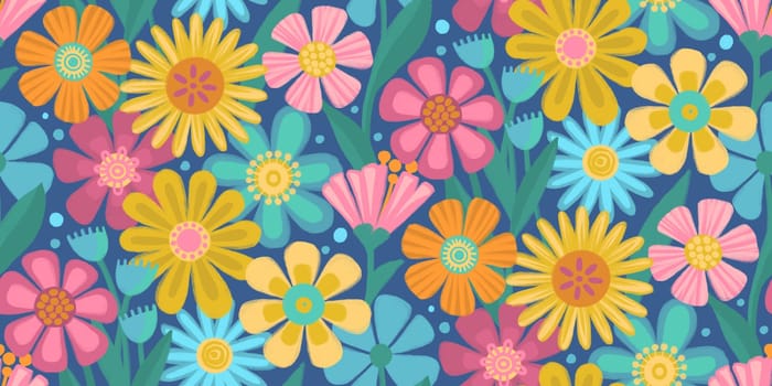 Vibrant floral pattern with stylized flowers in a variety of pastel shades, green leaves and stems in a repeating vertical design on deep blue background with a playful aesthetic.
