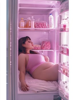 Escaping summer heat, a curvy woman lounges in a fridge with drinks and snacks, celebrating self acceptance and body positivity