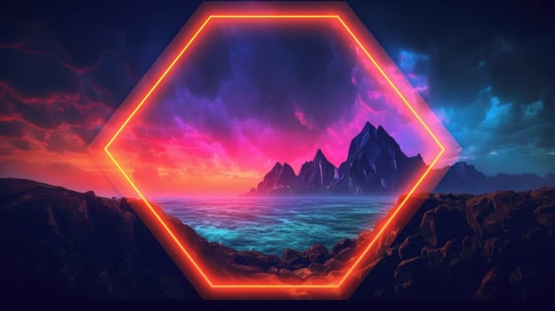 Glowing neon Hexagon frame over abstract landscape. Generative AI image weber.