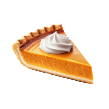 One slice of pumpkin pie on isolated white background.