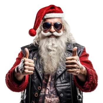 Funny Santa Claus biker. In a leather jacket and sunglasses. Isolated on white background.