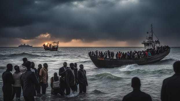 african migrants lost in a dangerous storm in mediterranean sea, risking life, dreaming of bright future in Europa