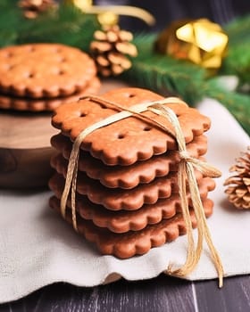 New Year's cookies in a stack tied with braid. High quality photo