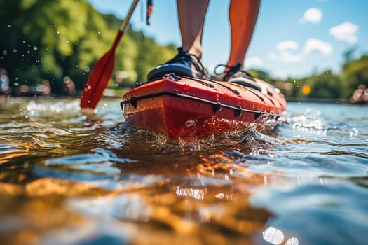 A man stands on a kayak and rows an oar. High quality photo