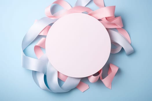 Top view photo of empty circle with pastel ribbons. Generative AI image weber.