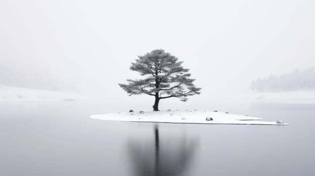 Lone lonely tree in winter snow and lake solitude, minimalist. Generative AI image weber.