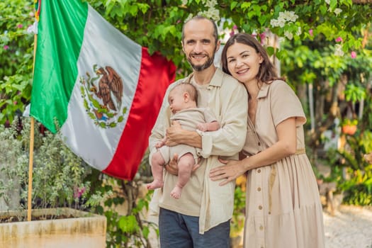Immigrant family in front of the Mexican flag. New Mexicans. Childbirth in Mexico.