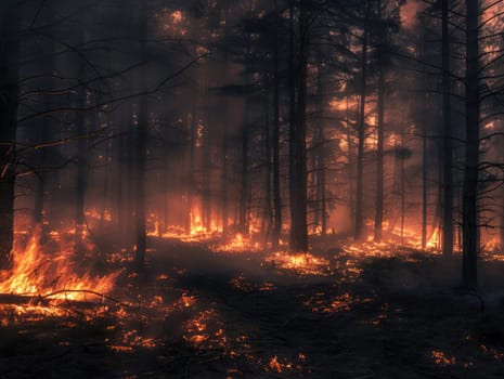 A destructive wildfire rages through a forest at dusk, with flames rising and smoke billowing among the trees, creating a scene of devastation and urgency.