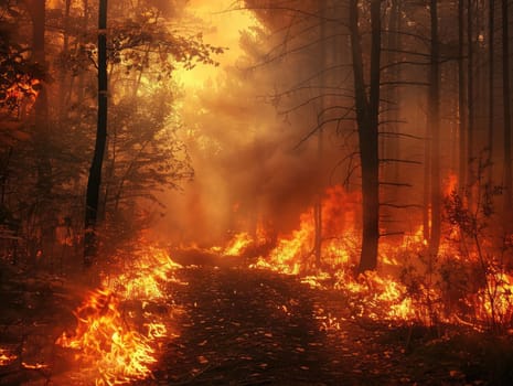 Fierce flames consume dry foliage and tall trees in a forest, with thick smoke billowing into the air, creating a dramatic contrast with the glowing light.