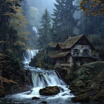 A tranquil scene features a charming cabin nestled beside a waterfall, surrounded by tall trees and the soft mist of early morning, creating a peaceful atmosphere.