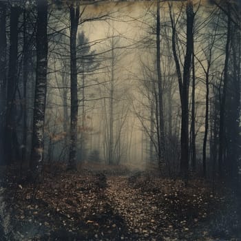 A serene pathway winds through a misty forest, surrounded by tall trees and fallen leaves, creating a peaceful atmosphere perfect for contemplation.