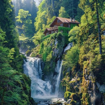 A charming house is perched on a rocky ledge, overlooking a stunning waterfall that flows into a tranquil forest. Sunlight filters through the dense trees, enhancing the peaceful atmosphere.