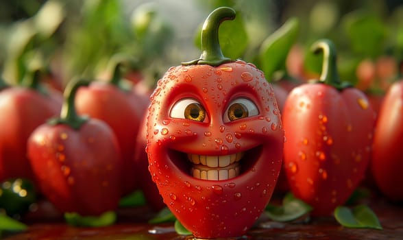 A cartoon red pepper laughs against a blurred background of a vegetable garden. Selective focus.