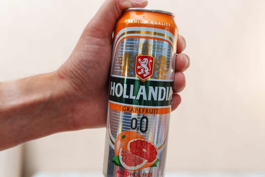 Tyumen, Russia-September 06, 2024: Non alcoholic beer Hollandia can close up against white. Brewed in Holland, since 1758.
