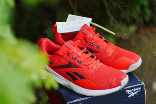 Tyumen, Russia-June 20, 2024: Reebok logo sneakers and its box with the Reebok