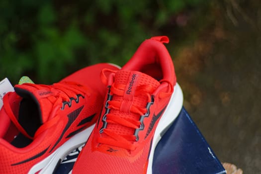 Tyumen, Russia-June 20, 2024: Reebok red sneakers logo. Reebok is a global athletic footwear