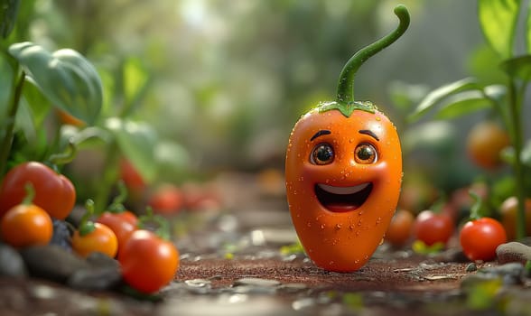 A cartoon red pepper laughs against a blurred background of a vegetable garden. Selective focus.