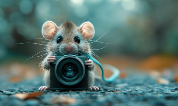 Cartoon mouse with a camera on a blurred background.Selective focus.