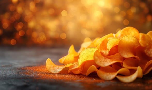 Scattered potato chips on a blurred background. Selective focus.