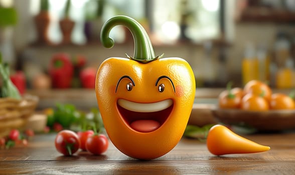 Cartoon pepper laughing on a blurred background. Selective focus.