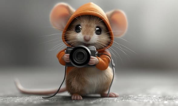 Cartoon mouse with a camera on a blurred background.Selective focus.