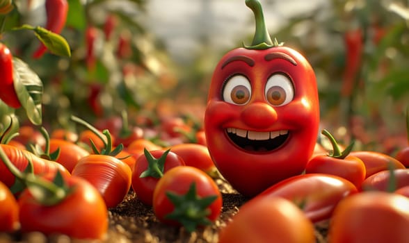 A cartoon red pepper laughs against a blurred background of a vegetable garden. Selective focus.