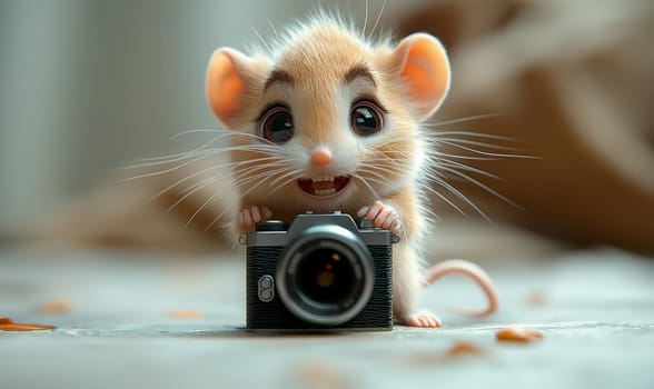 Cartoon mouse with a camera on a blurred background.Selective focus.