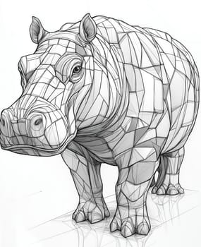 Coloring for kids, coloring colorful animal, hippopotamus from geometric shapes