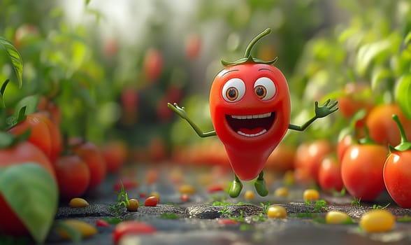 A cartoon red pepper laughs against a blurred background of a vegetable garden. Selective focus.