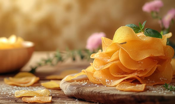 Scattered potato chips on the table. Selective focus.