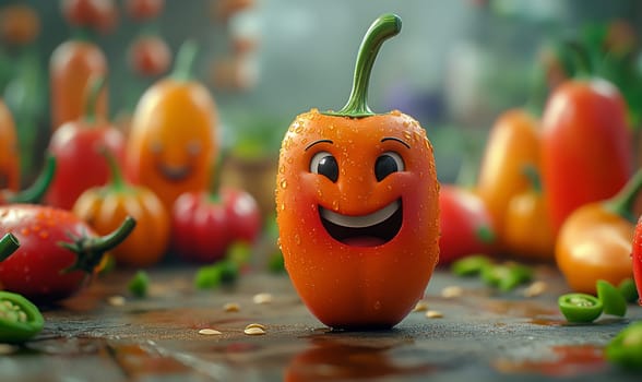 A cartoon red pepper laughs against a blurred background of a vegetable garden. Selective focus.