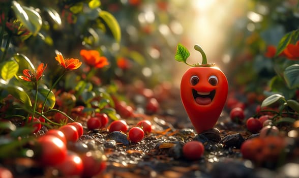 A cartoon red pepper laughs against a blurred background of a vegetable garden. Selective focus.