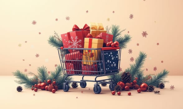 Illustration of a basket filled with beautifully wrapped gifts. Selective focus.