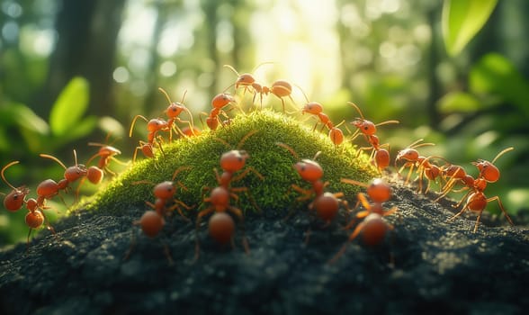 Cartoon ants build a house in the forest. Selective focus.