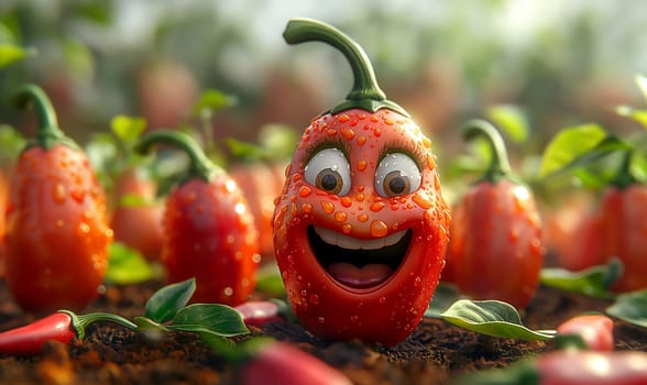 A cartoon red pepper laughs against a blurred background of a vegetable garden. Selective focus.