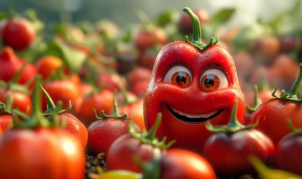 A cartoon red pepper laughs against a blurred background of a vegetable garden. Selective focus.