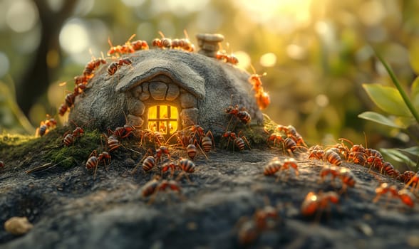 Cartoon ants build a house in the forest. Selective focus.