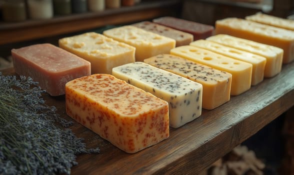 Assortment of handmade soaps. Health care concept. Selective focus.