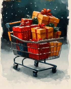 Illustration of a basket filled with beautifully wrapped gifts. Selective focus.