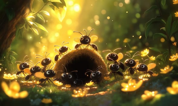Cartoon ants build a house in the forest. Selective focus.