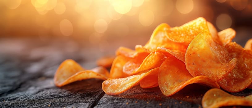 Scattered potato chips on a blurred background. Selective focus.