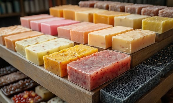 Assortment of handmade soaps. Health care concept. Selective focus.