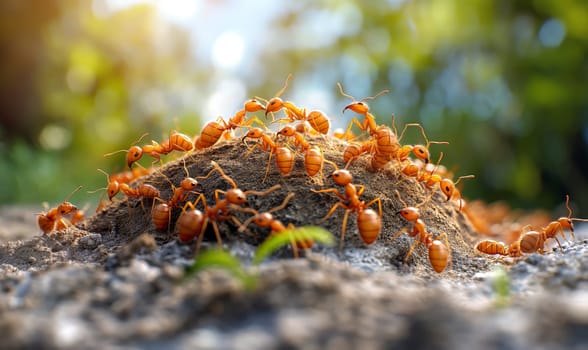 Cartoon ants build a house in the forest. Selective focus.